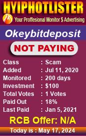 Okeybitdeposit details image on Hyip Hot Lister
