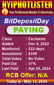 BitDepositDay
   details image on Hyip Hot Lister